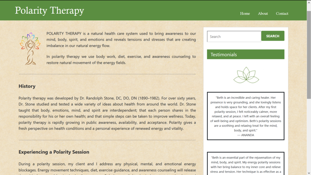 screenshot of polaritytherapyct.com home page