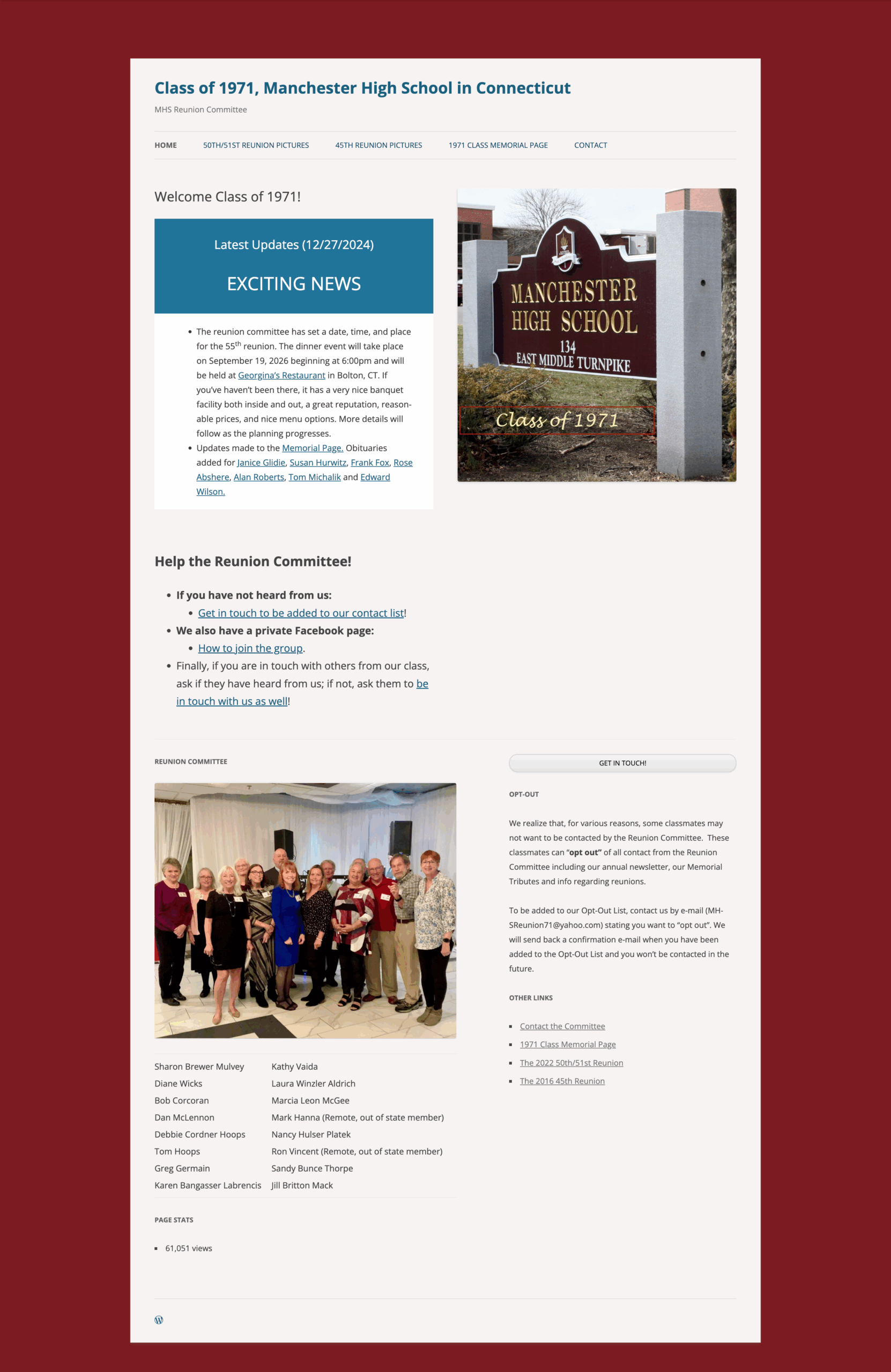 Manchester High School Class of 1971 homepage screenshot